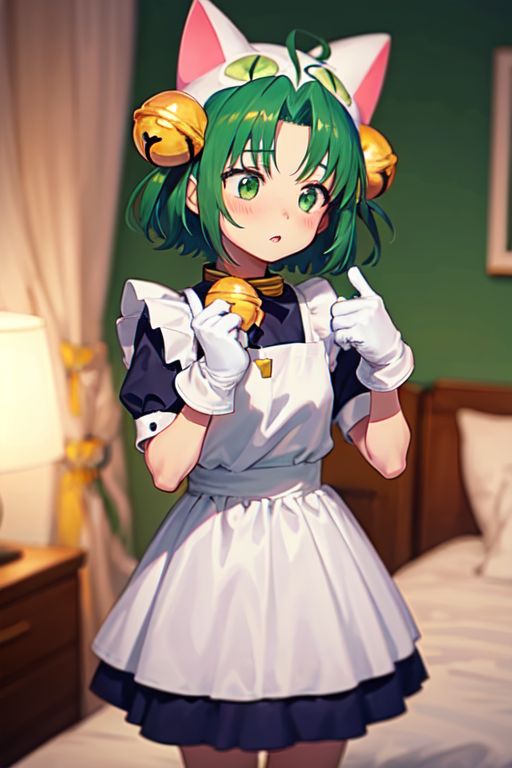 21111-3805683930-dejiko, 1girl, solo, green hair, short hair, green eyes, jingle bell, blue dress, hair ornament, animal hat, cat ears, cat hat,.jpg